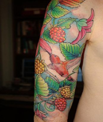 Hummingbird And Flower Tattoo On Half Sleeve